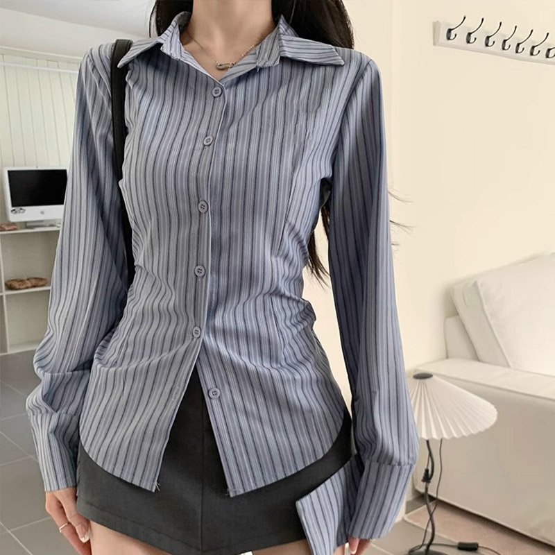 Y2k Striped Shirt Women Long S - Street Fashion In Korea recension och pris