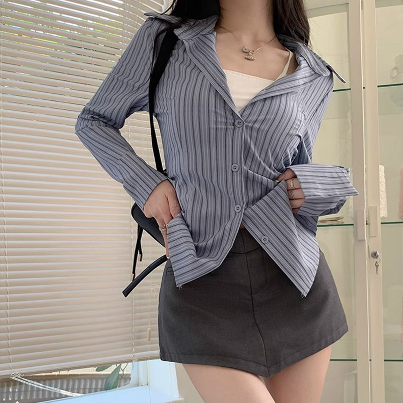 Y2k Striped Shirt Women Long S - Street Fashion In Korea recension och pris