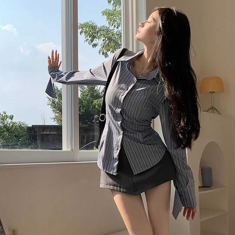 Y2k Striped Shirt Women Long S - Street Fashion In Korea recension och pris