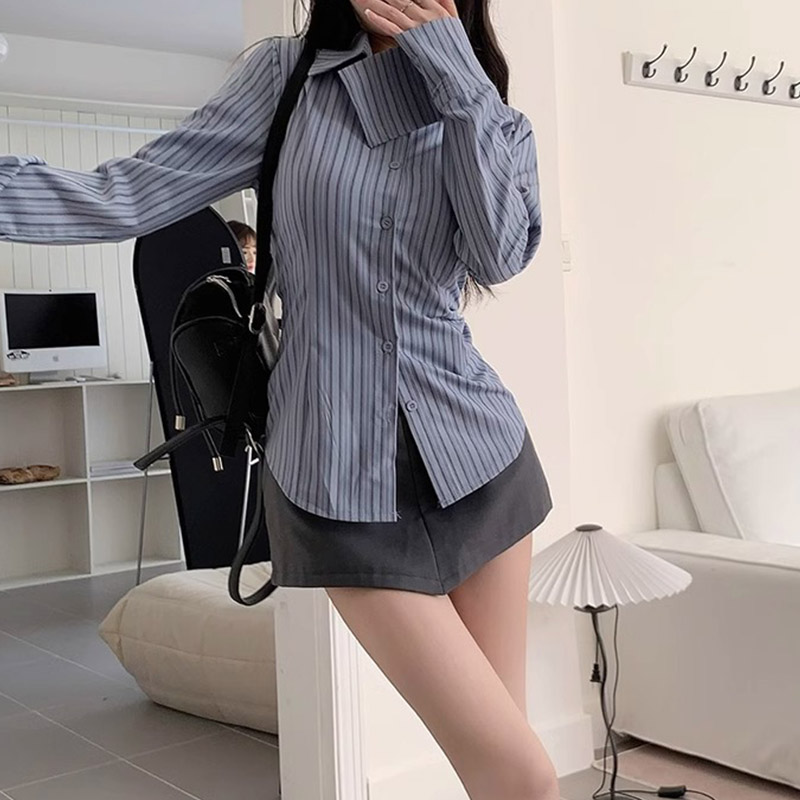 Y2k Striped Shirt Women Long S - Street Fashion In Korea recension och pris