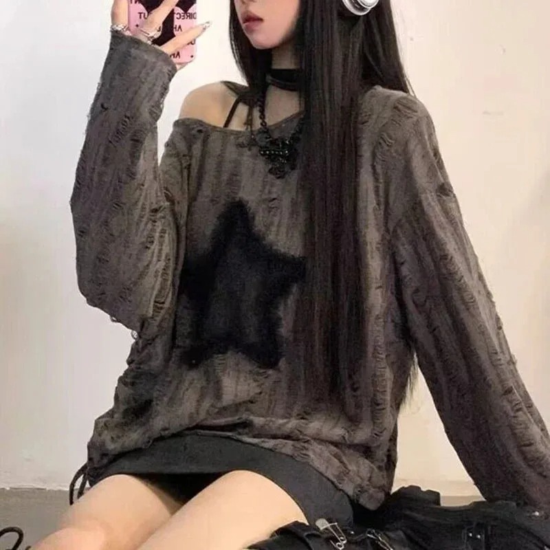 Y2K Hole Star Print T-Shirt Wo - Street Fashion Kpop recension och pris