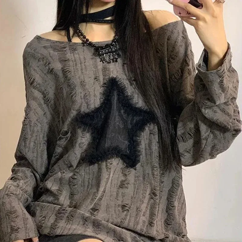 Y2K Hole Star Print T-Shirt Wo - Street Fashion Kpop recension och pris